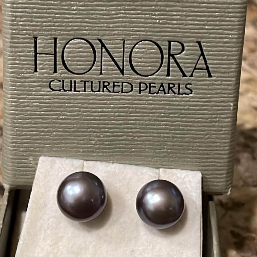 Honora Cultured Pearls 925 Sterling Silver Post Metallic Gray Earrings 9mm NWOT - Picture 2 of 4